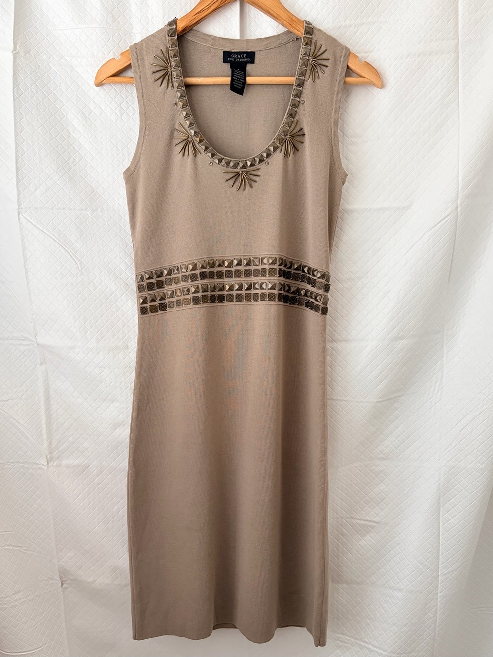 Grace Taupe Midi Dress with Metallic beaded Embellishments